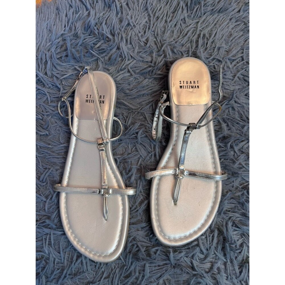 Stuart Weitzman Silver Metallic Strappy Flat Sandals